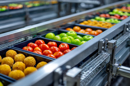 A sleek, high-tech belt transports vibrant produce through an efficient robotic system, streamlining...
