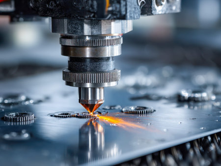 A sleek laser device shapes intricate metal components amidst a burst of luminous sparks,...