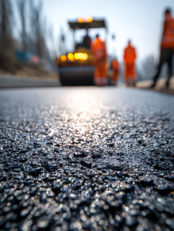 Workers operate heavy equipment to lay down a new asphalt layer, with bright daylight illuminating the bustling site and emphasizing progress and industry.の写真素材