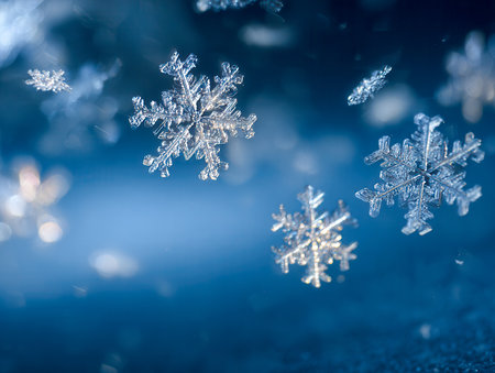 Close-up of delicate snow crystals descending peacefully, revealing stunning geometric patterns amid a blurred cerulean winter scene shimmering with icy allure.の写真素材