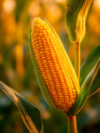 A sun-drenched farm scene features a mature, golden corn cob nestled among lush green foliage,...