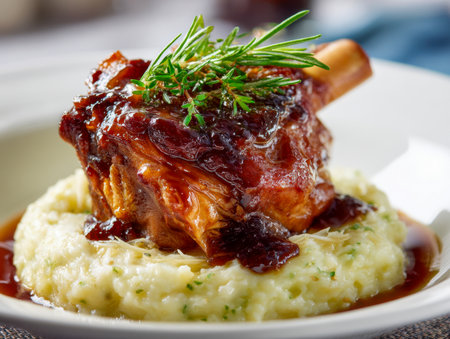 A tender lamb shank drenched in a luscious, aromatic sauce rests atop silky herb-infused mashed potatoes, adorned with sprigs of fresh rosemary and thyme on a pristiの写真素材