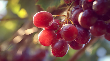 Juicy red clusters bask in gentle autumn sunlight, their vibrant hue accentuated by the warm glow of...