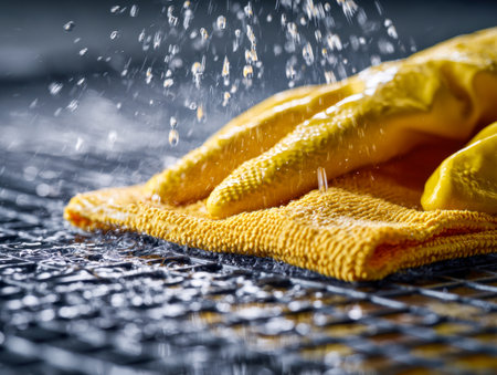 Vibrant yellow gloves lie atop a soft microfiber cloth as droplets cascade, highlighting effective cleaning, durability, and water-repellent qualities on a textured backdの写真素材