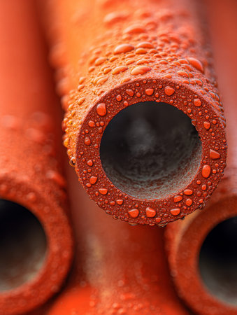 Vibrant orange pipes with glistening droplets highlight rich textures and bold hues, emphasizing...