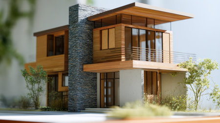 A precise miniature rendering of a contemporary two-level residence showcasing warm wood accents, expansive glass panes, a rugged stone chimney, and lush surroundingの写真素材