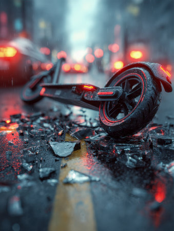 A lone electric scooter rests on a glistening pavement, cracked glass scattered around, illuminated by distant city lights reflected on the wet surface amid a night drizzの写真素材