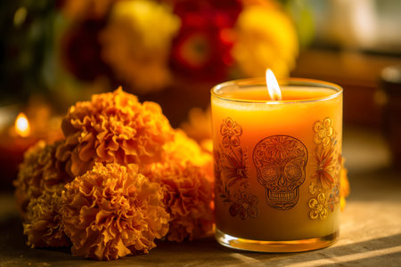 An illuminated candle adorned with intricate skull and floral patterns casts a gentle glow among vivid marigolds, creating a serene mood of homage and joyful tributeの写真素材
