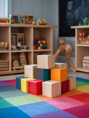 Brightly colored wooden blocks form a playful tower on a vivid checkered rug, set against a cheerful, tidy space filled with neatly arranged toys and shelves.の写真素材