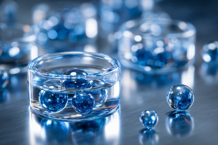 Elegant orbs of glass encase cobalt fluid, some drifting within a sleek, transparent vessel, resting on a mirror-like metal base against a gently blurred backdrop.の写真素材