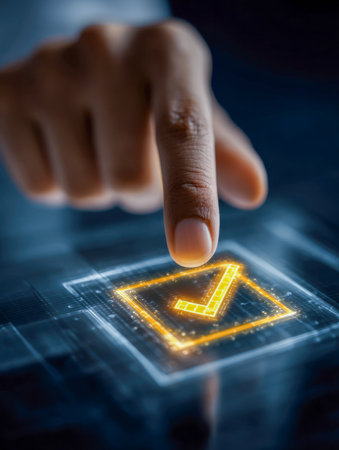 A hand activates a luminous confirmation icon on a sleek, high-tech display, capturing a moment of seamless digital interaction and futuristic decision-making.の写真素材