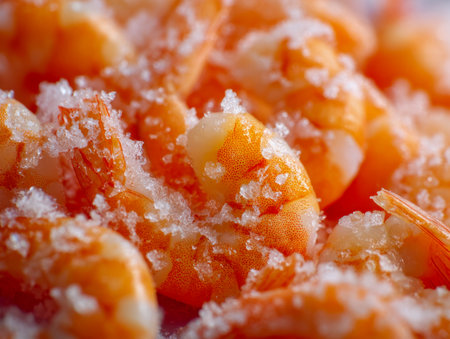 Bright, icy shrimp glistens with delicate frost, showing their freshness and vibrant color?ideal for chefs and food lovers preparing delicious seafood dishes.の写真素材