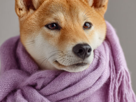 A gentle Shiba Inu with a serene stare, snugly wrapped in a plush lavender knit wrap, set against a simple, unobtrusive backdrop that highlights its peaceful presencの写真素材