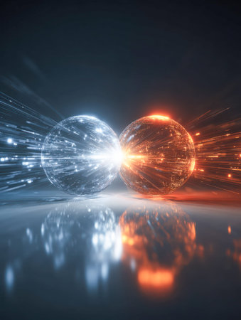 Neon-lit orbs radiate vibrant blue and amber beams, their reflective surfaces enhancing a sleek,...