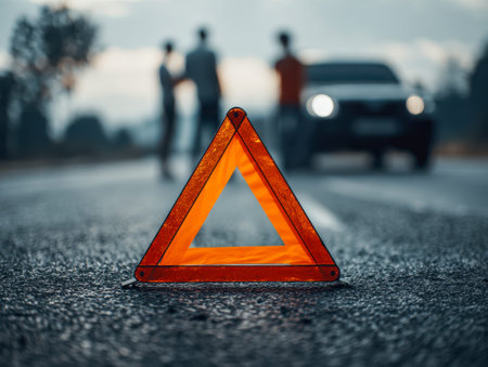 A vivid orange warning triangle gleams against slick pavement, alerting drivers to a vehicle issue...