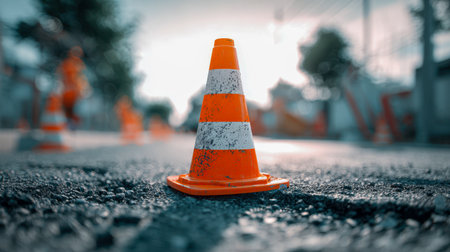 A worn orange and white striped marker rests on rough asphalt, evoking a sense of ongoing work and safety awareness amid a lively cityscape under bright daylight.の写真素材