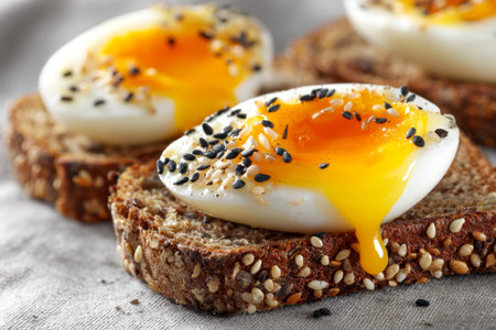Juicy, golden yolks spilling gently over toasted multigrain slices, topped with sesame seeds,...