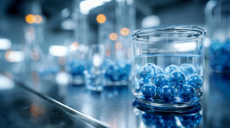 Glimmering glass jars, gleaming with azure spheres, sit gracefully on a mirrored surface, their soft illumination casting captivating reflections in a sleek, contemporary setting.の写真素材