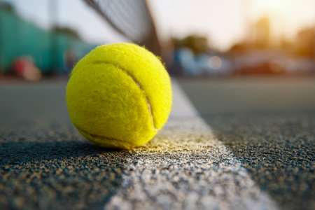 A vibrant yellow ball sits poised on a rough court, close to the edge, with a soft-focus backdrop illuminated by the golden glow of late afternoon sunlight.の写真素材