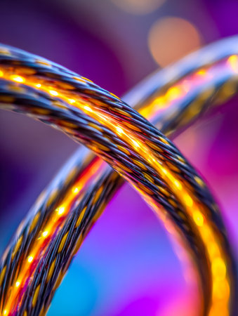 A detailed close-up of luminous cables entwined, reflecting shimmering gold hues amid a vivid purple and blue bokeh backdrop that highlights their textured complexitの写真素材