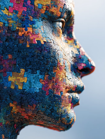 A vibrant collage forming a facial expression from interlocking puzzle fragments, illustrating the intricate web of human identity and the unity of mind and feelingsの写真素材