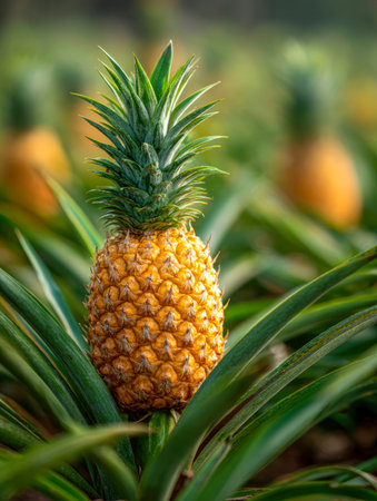 Lush, sunlit plantation showcasing clusters of mature tropical produce amid jagged green foliage, capturing the vibrant essence of harvest time outdoors.の写真素材