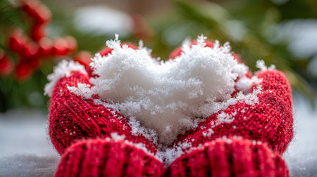 A cheerful woman in warm red mittens cradles a delicate snowheart amid a festive winter scene, complemented by lush greenery and vibrant berries in the background.の写真素材
