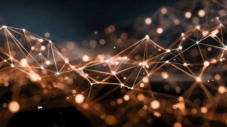 A luminous web of interconnected points and sleek lines pulsates in darkness, symbolizing advanced data flow and the evolution of digital connectivity in a cosmic settingの写真素材