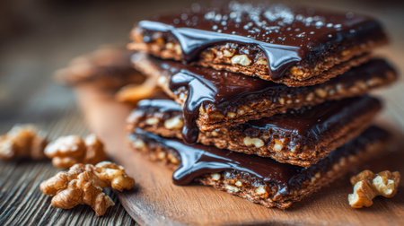 Rich, crispy chocolate bars topped with toasted walnuts and a shiny melt-in-your-mouth glaze, accented by sea salt crystals, artfully arranged on a rustic wooden plaの写真素材