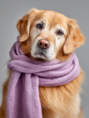 A lovable golden retriever snuggly wrapped in a lavender scarf, gazing pensively into the lens with gentle eyes and plush fur against a simple background.の写真素材