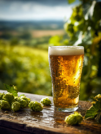 A crisp, amber drink topped with a thick foam crown sits on rustic wood, encircled by lush hop cones against a lively, sunny outdoor backdrop.の写真素材