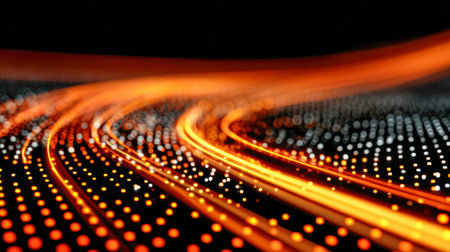 Dynamic neon pathways spiral through a dark void, animated clusters of lights form complex...