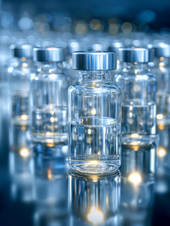 Clear glass vials containing vibrant liquid are meticulously aligned on a shiny surface, their reflections highlighting advancements in medical research and pharmaceuticaの写真素材