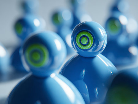 A vibrant assembly of reflective azure figures with round emerald eyes emphasizing one key personality, illustrating focus and unique identity amid collective presenの写真素材