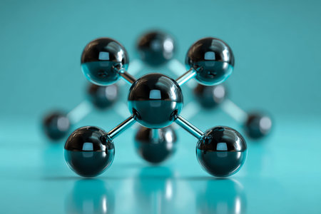 A sleek, reflective molecular framework featuring dark metallic spheres linked by gleaming rods, set...