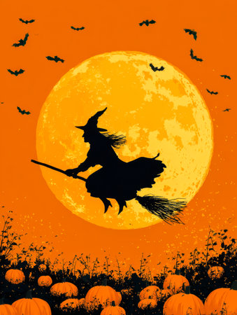 A dark silhouette soars across a luminous moonlit sky, surrounded by fluttering bats and glowing pumpkins, evoking a mysterious and enchanting Halloween ambiance.の写真素材