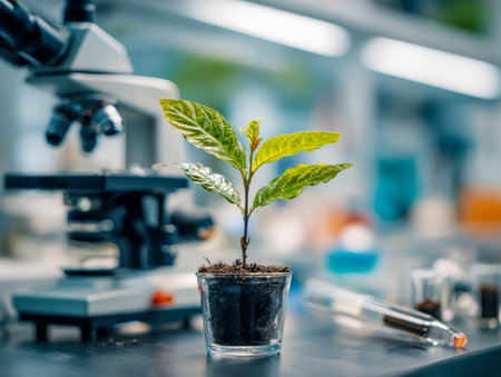 A vibrant seedling rooted in nutrient-rich soil within a glass laboratory vessel, set amid scientific instruments and a microscope, highlighting advancements in botanicalの写真素材