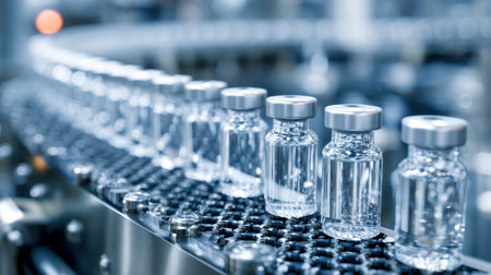 Sleek machinery steadily transports clear glass containers topped with silver seals within an...
