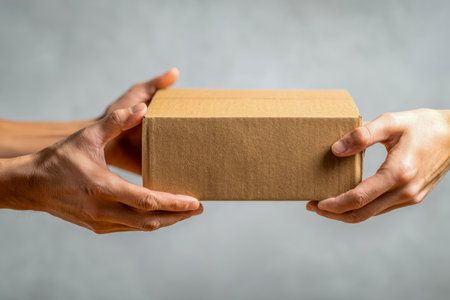 Two people pass along a simple cardboard parcel, suggesting acts of giving, collaboration, or the transfer of valued moments in a minimalistic setting.の写真素材