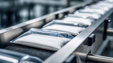A sleek, high-tech production line featuring a moving belt carrying hygienic, airtight packets containing fine white granules within a contemporary manufacturing setの写真素材