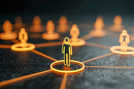 Bright, luminous human figures linked by radiant lines form a dynamic web, illustrating the essence of digital teamwork, connectivity, and shared innovation in tech settiの写真素材