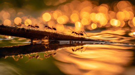Tiny insects traverse a delicate branch as a luminous, amber-hued lake captures the sunset?s gentle glow, creating a peaceful, nature-inspired scene.の写真素材
