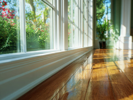 Sunlit rays flood a inviting space with glaming reflections dancing on smooth wood, framed by tall...