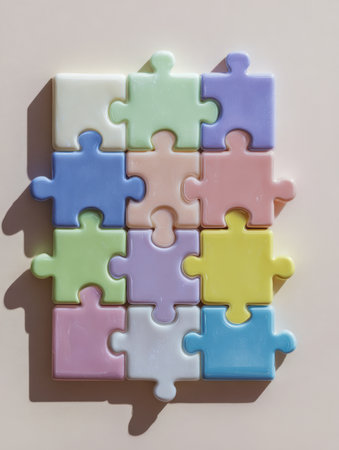 Vibrant pastel puzzle segments linked together in a precise rectangle, creating a harmonious visual metaphor for teamwork and collective strength on a neutral backdrの写真素材