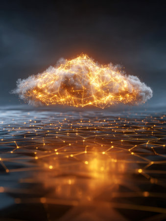 A luminous network of interconnected orange points hovers over a sleek, reflective digital terrain, set against a shadowy, atmospheric backdrop.の写真素材