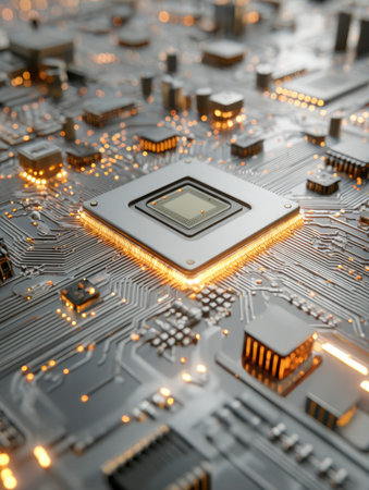 A sleek, illuminated microcircuitry masterfully arranged with vibrant pathways symbolizing...