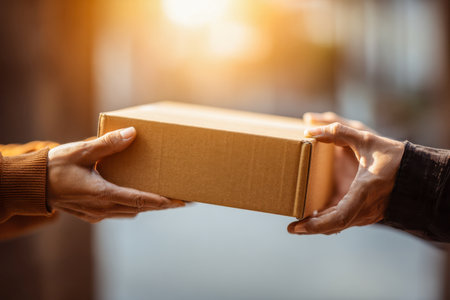 A heartfelt outdoor exchange as two individuals share a cardboard parcel under gentle, amber sunlight, capturing a tender and sunny moment of kindness and connection.の写真素材