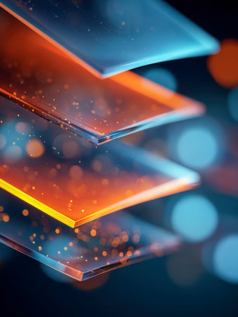 Dynamic translucent geometric layers accented with vibrant orange illumination and soft-focus light spots, forming a sleek, high-tech visual concept.の写真素材