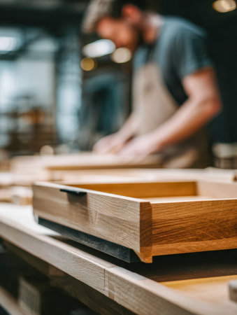 A meticulous artisan delicately unfolds a polished timber component, employing expert joinery skills to ensure seamless alignment and a flawlessly refined result.の写真素材