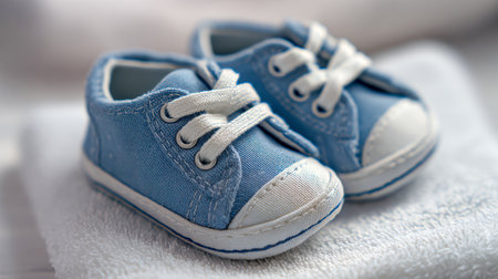 Delicate baby footwear in vibrant blue, featuring crisp white laces, rests on a plush white towel?evoking innocence, fresh starts, and tender childhood moments.の写真素材